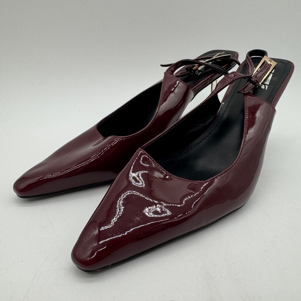 Burgundy Slingback Pumps Womens US 11 Glossy Pointed Toe Gold Tone High Heels